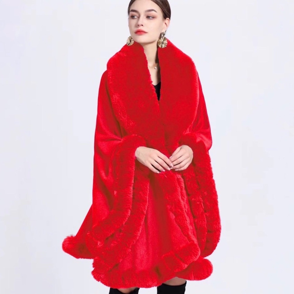 Elegant Red Faux Fur Trim cardigan